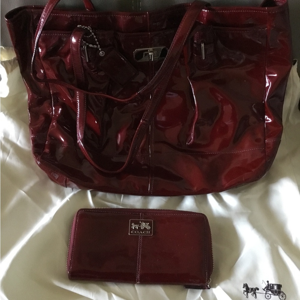 Coach Burgundy patent leather purse with matching wallet